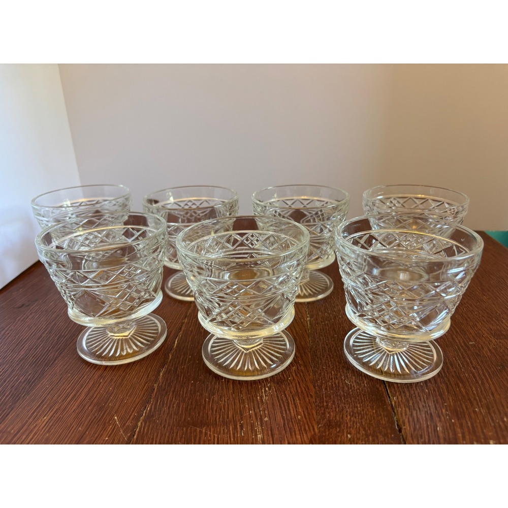Vintage Set of 7 Footed Glass Dessert Bowls Peanut Butter Jars Diamond Pattern